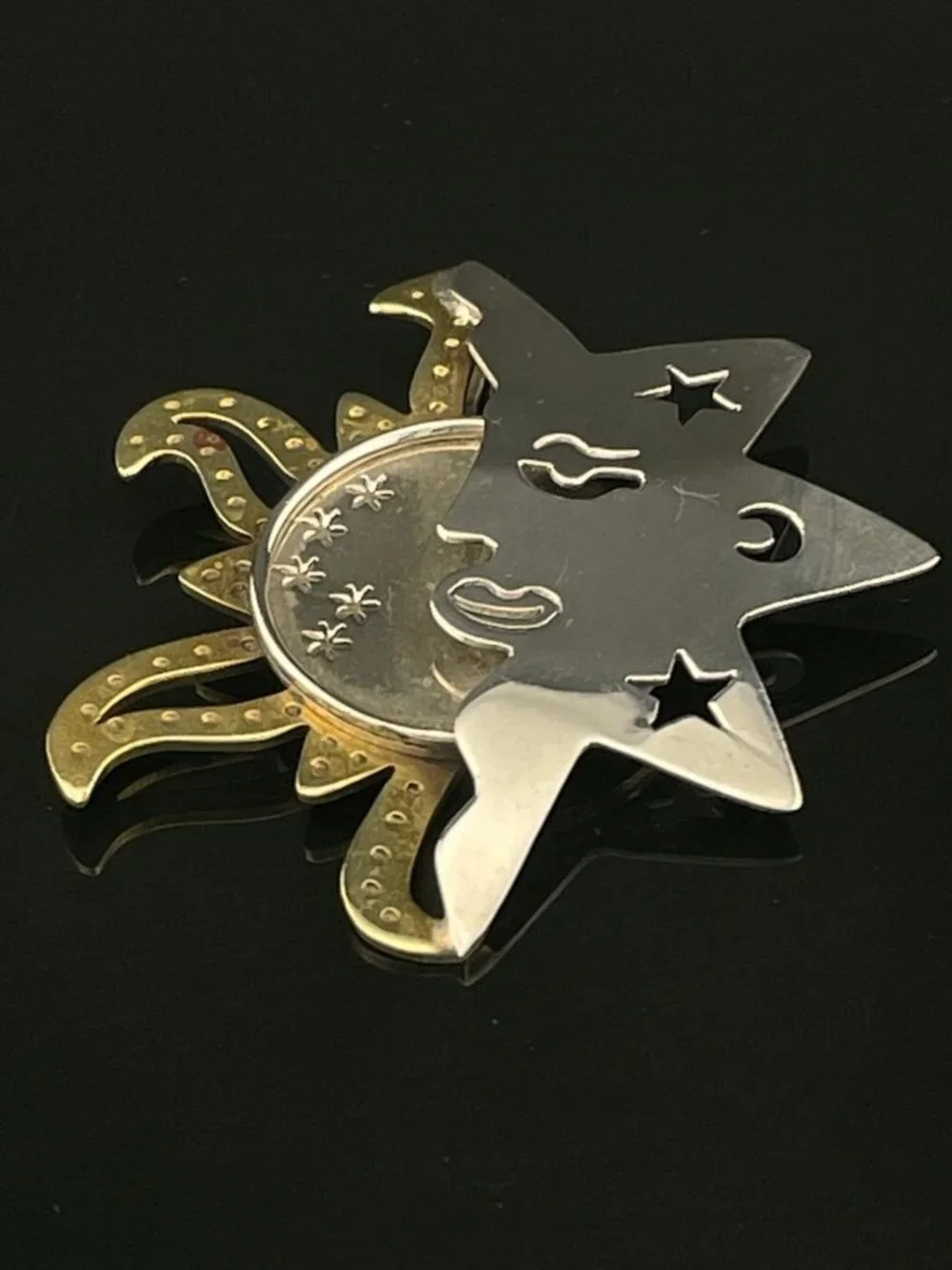 Vintage Mexico 925 Sterling Silver & Brass Celestial Sun Moon Brooch Pin Artisan